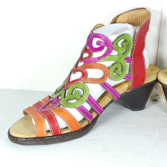 Socofy Women's US 10-10,5 EU 41 Multicolor Leather Cut-Out Strappy Sandals - Picture 7 of 16